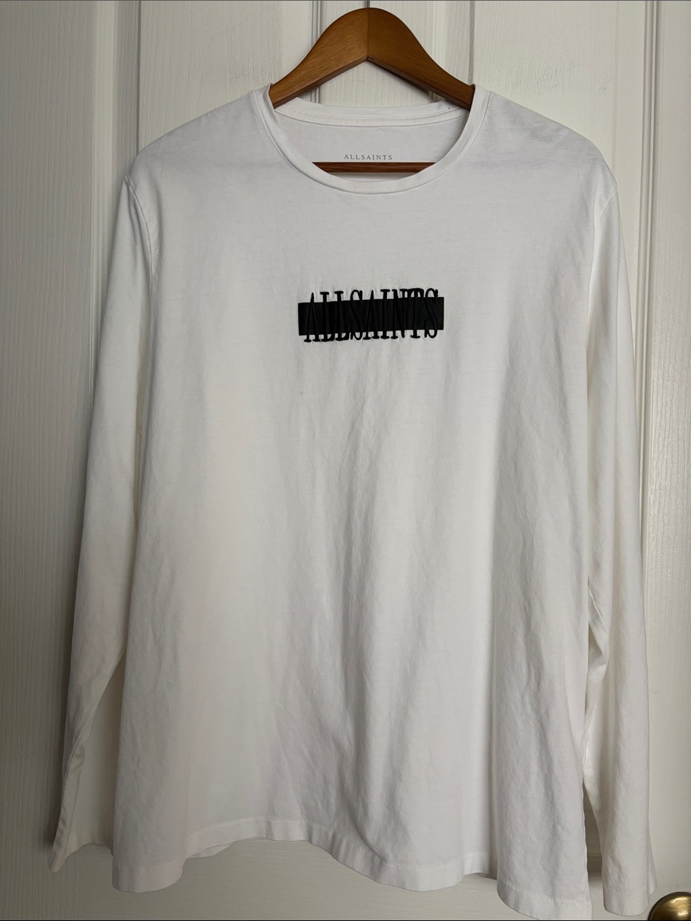 All Saints White Long-Sleeve Logo Shirt. Raised embroidery.